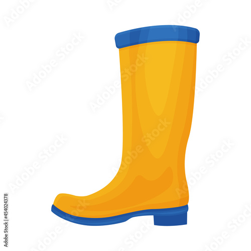 A bright rubber boot of yellow-blue color. A boot for walking in cold weather. Shoes for protection from dampness and dirt. Vector illustration isolated on a white background
