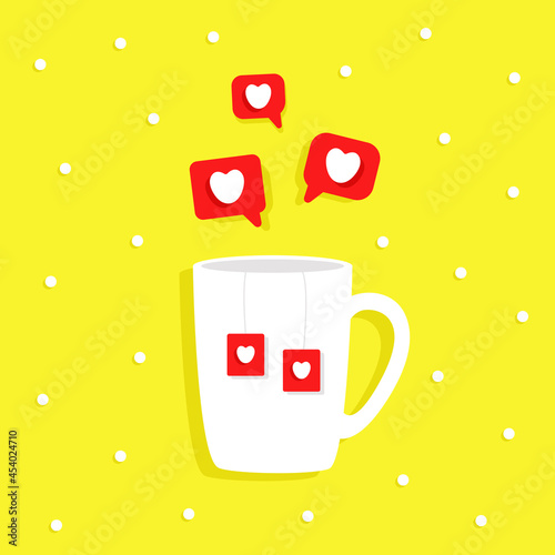 Vector graphics. Mug with red hearts. Warm drink. Declarations of love. For vep sites, poster, banner, packaging, postcards. photo