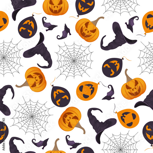 A seamless pattern with Halloween symbols, such as a jack-o - lantern pumpkin, a balloon with creepy grimaces, a witch s hat and shoes, and a spider web. Halloween symbols for the print. Vector