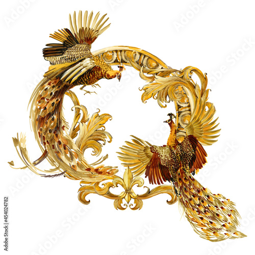 Gold Peacock, vintage golden curl, luxury illustration. luxury jewerly design 