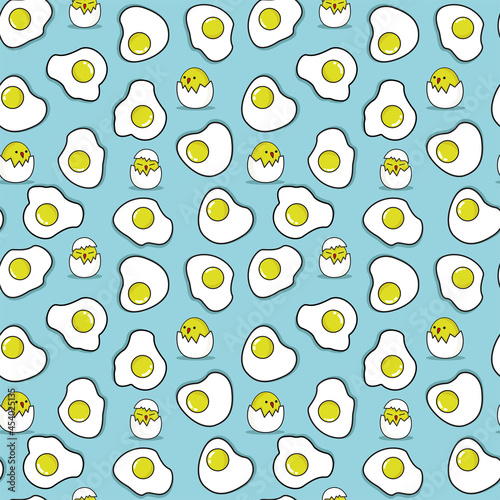 Fried eggs seamless pattern with chicks. Breakfast seamless pattern with scrambled eggs. Eggs pattern for wallpaper, textile, bag, mug, plate ect.
