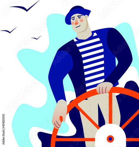 flat illustration experienced captain at the helm of the yacht