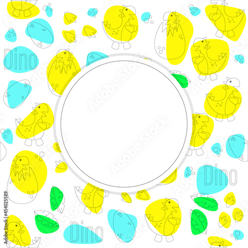 Doodle on a white background with bright elements. Children's timatics. Dinosaurs, Tyrannosaurus rex, Jurassic. The concept of a holiday, entertainment. Design for covers, concessions, web sites.