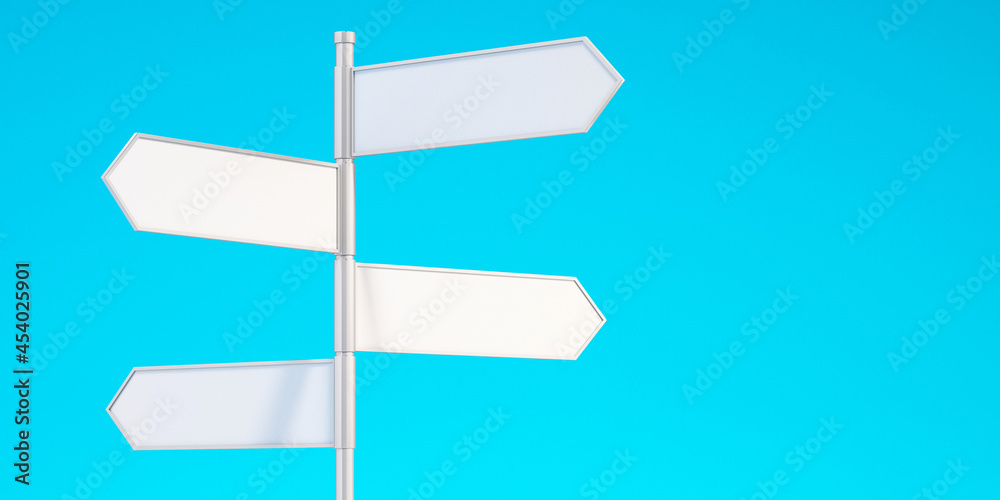 3d blank white directional arrow road signs with blue sky background,3d Illustration background