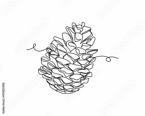 Continuous one line drawing of beautiful pine cone icon in silhouette on a white background. Linear stylized. photo