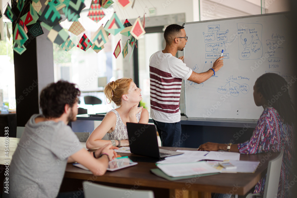 Man drawing on white board for colleagues Man drawing on white board for colleagues