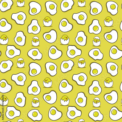 Fried eggs seamless pattern with chicks. Breakfast seamless pattern with scrambled eggs. Eggs pattern for wallpaper, textile, bag, mug, plate ect.