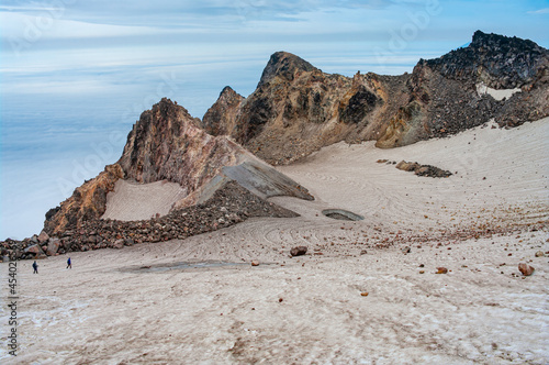 Hike at crater of Fuss Peak Volcano, Paramushir Island, Kuril Islands, Russia. photo