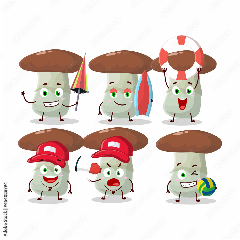 Happy Face suillus mushroom cartoon character playing on a beach Happy Face suillus mushroom cartoon character playing on a beach