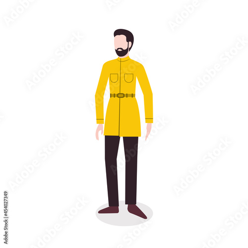 Autumn elegant style. Vector icon in flat design. Adult man with beard in yellow raincoat isolated on white backdrop