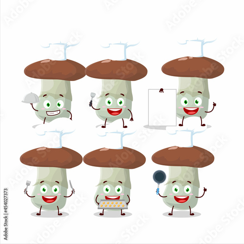 Cartoon character of suillus mushroom with various chef emoticons