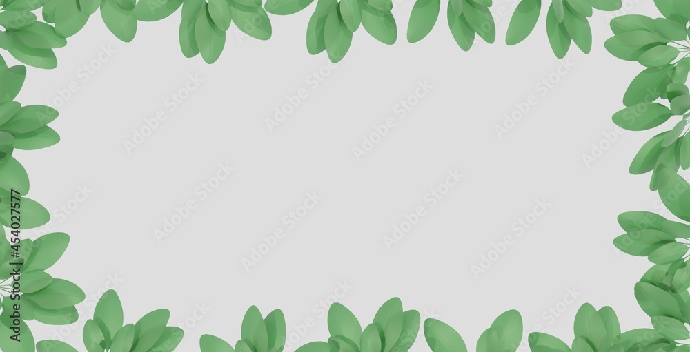 3D Illustration with several green leafes on the edges of the image with white space in the middle copy space