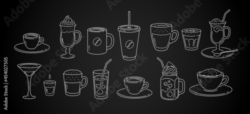 Line art chalk drawn isolated coffee cups