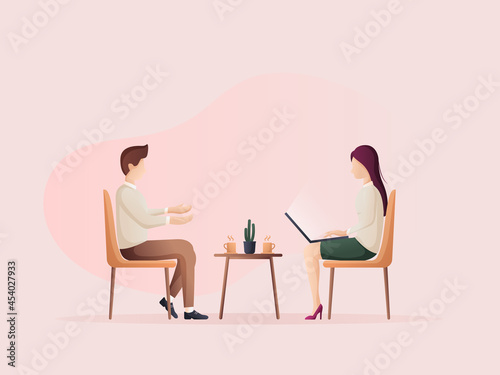 Men and women sitting interviews and recordings in the notebook. Flat design Illustration about Sitting interview.