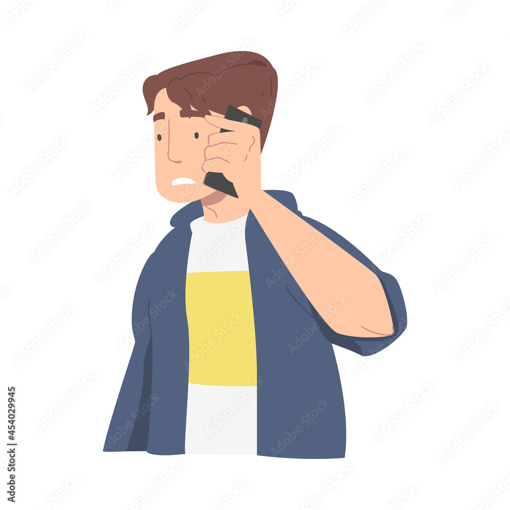 Disappointed with Bad News Man Character Speaking by Phone Vector Illustration