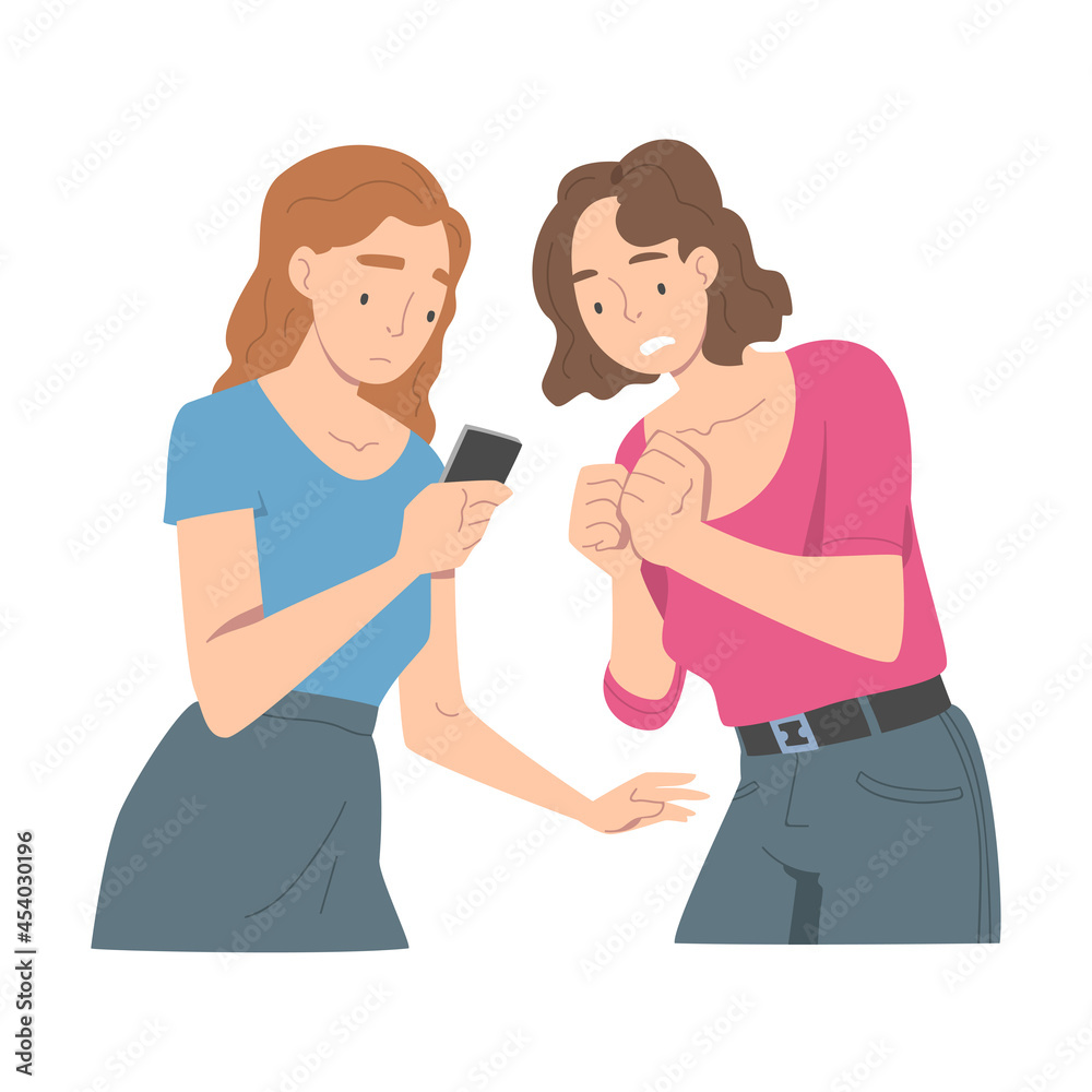 Disappointed with Bad News Woman Character Reading Message on Smartphone Vector Illustration Disappointed with Bad News Woman Character Reading Message on Smartphone Vector Illustration