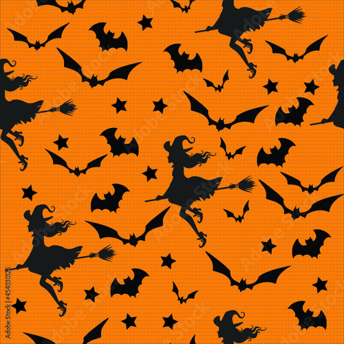 Halloween seamless pattern with Black Witch, Bats and Star in orange background. Vector illustration for fabric and gift wrap paper design.