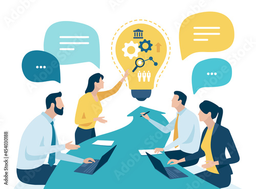 The Idea. Brainstorming. The team discusses the business goal. Vector illustration.