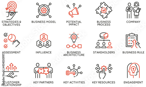 Vector Set of Linear Icons Related to Business Processes, Interaction, Partnership and Management. Mono Line Pictograms and Infographics Design Elements