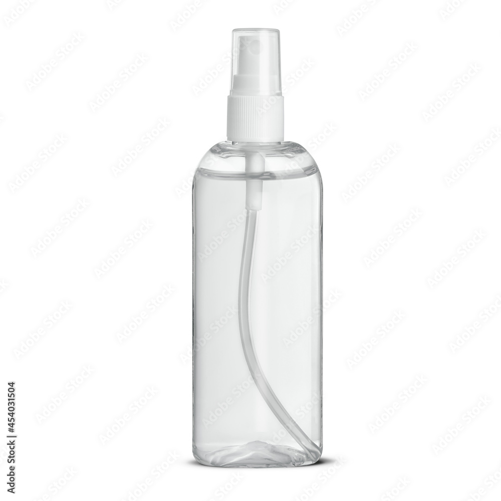 Transparent plastic bottle with a sprinkler. Packaging for various cosmetic and antiseptic products. Convenient modern packaging.