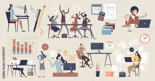 Office furniture, isolated interior elements and objects tiny person collection set. Colleague, businessman, manager and director work scenes as daily professional job items vector illustration.