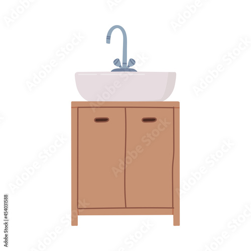 White Bathroom Sink Basin with Tap and Drawer Isolated on White Background Vector Illustration