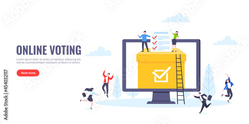 Online voting concept flat style design vector illustration. Tiny people with voting poll online survey working together. Concept of electronic voting modern system political competition and election.