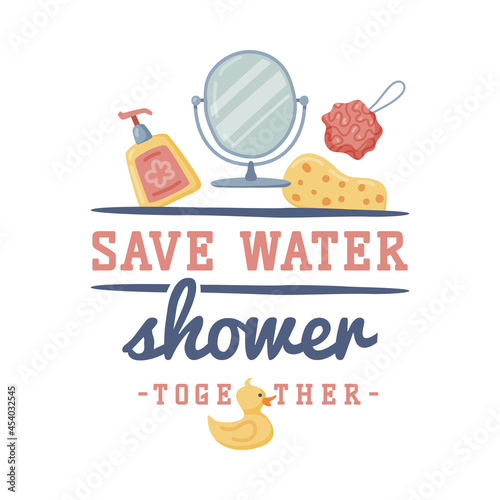 Bathroom Lettering with Shower and Washing Inscription and Sponge Vector Illustration