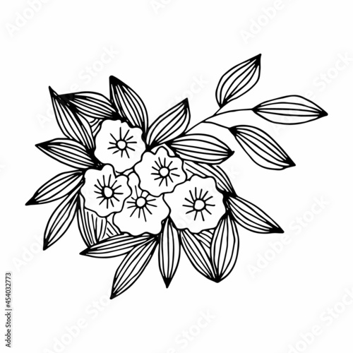 Free hand drawn floral arrangement element in doodle or sketch style. For greeting card, poster, invitation, coloring book page.