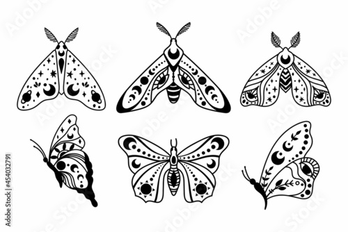 Mystical boho celestial butterfly and moth isolated cliparts bundle, mystical collection, moon and stars ornament, magic line crescent moon, esoteric objects - black and white vector illustration set