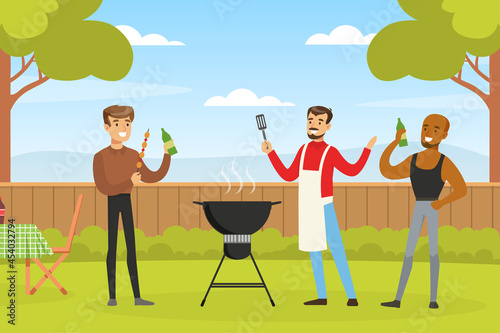 Man On BBQ Picnic Eating Outdoors and Cooking Grilled Meat On Barbecue Grill Vector Illustration