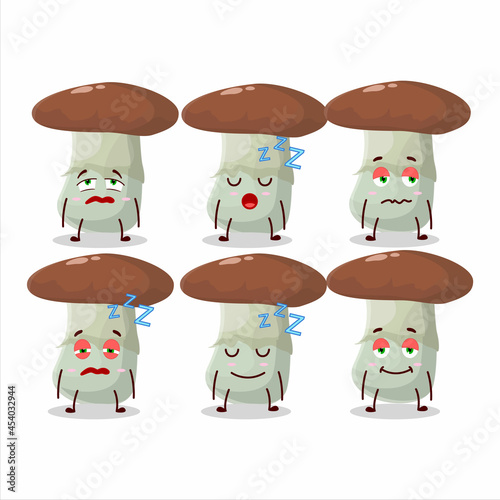 Cartoon character of suillus mushroom with sleepy expression
