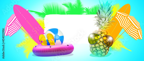 Fototapeta Naklejka Na Ścianę i Meble -  Creative pineapple with sunglasses on summer background.