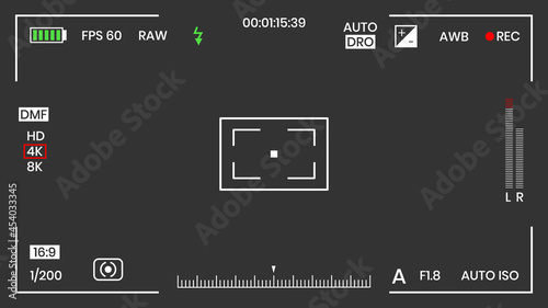 Camera viewfinder video or photo frame recorder flat style design vector illustration. Digital camera viewfinder with exposure settings and focusing grid template.