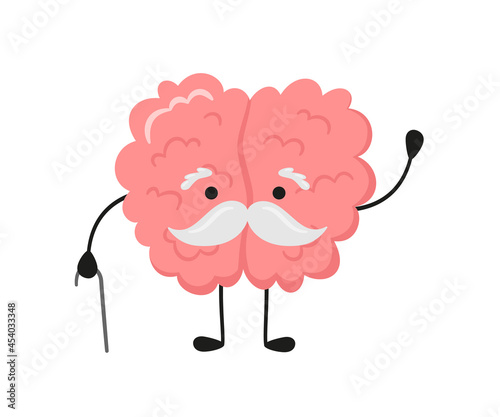 A kawaii old brain character with a gray mustache and walking stick. Symbol of alzheimer disease, dementia and other age-related problems. Vector cartoon illustration isolated on white background.