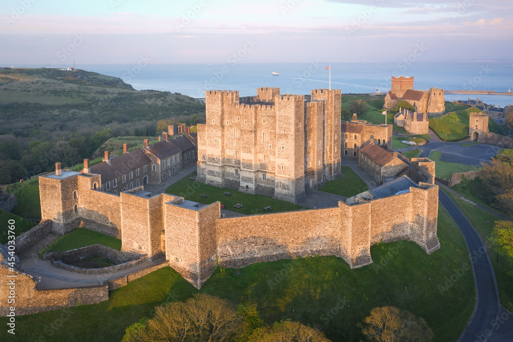 Dover, England, United Kingdom - May 10, 2021: Aerial view to Dover castle at sunset.