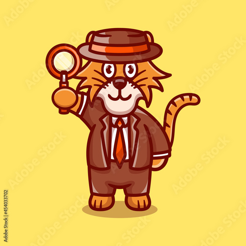 cute tiger detective carrying a magnifying glass