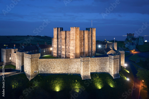 Dover, England, United Kingdom - May 10, 2021: Aerial night view of Dover castle.