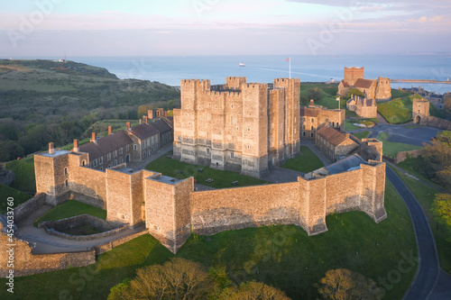 Obraz na płótnie Dover, England, United Kingdom - May 10, 2021: Aerial view to Dover castle at sunset. w salonie