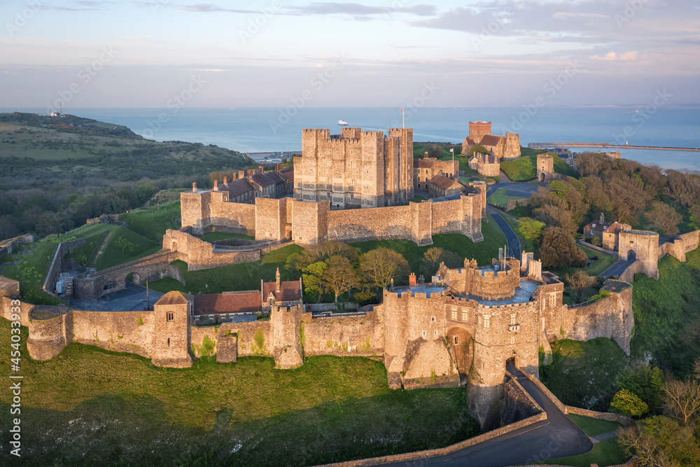 Dover, England, United Kingdom - May 10, 2021: Aerial view to Dover castle at sunset.