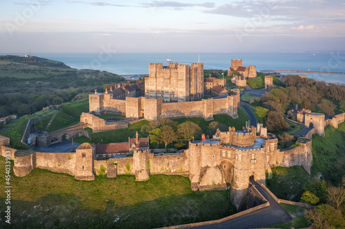 Dover, England, United Kingdom - May 10, 2021: Aerial view to Dover castle at sunset.
