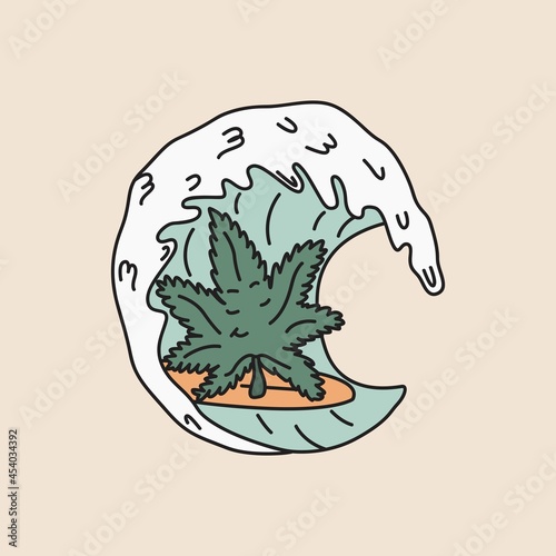 A leaf of hemp is surfing in a wave in the shape of a circle. Cannabis-themed vector graphics for T-shirt prints, posters and other purposes.