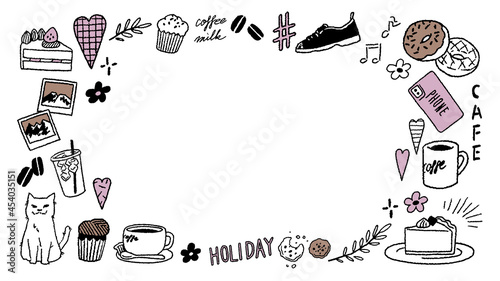 カフェモチーフ、ケーキやコーヒードーナッツ、スマホなどののベクターフレームイラスト	 16:9 Vector frame illustration of cafe motif, cake, coffee doughnuts, smartphone, etc.		