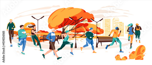 Men and women dressed in sportswear jogging or running through autumn park. Sports competition, outdoor workout or exercise, athletics.Flat cartoon colorful vector illustration