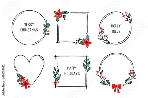 Chrirtmas floral frame with circle, round, rectangle shape. Doodle hand drawn style wreath frame. Vector illustration for christmas, wedding decoration.