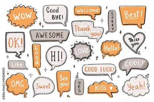 Comic speech bubble set with dialog word hi, ok, bye, welcome. Hand drawn sketch doodle style. Vector illustration speech bubble chat, message element.