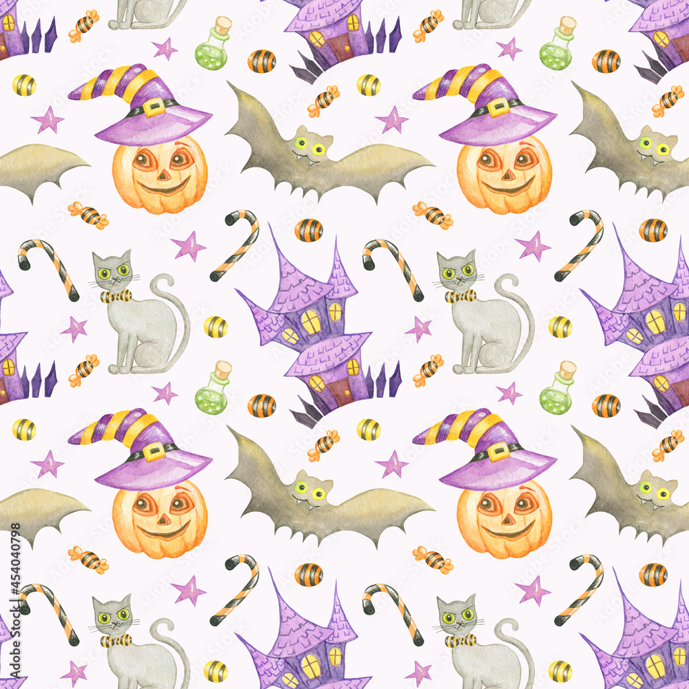 Seamless watercolor halloween pattern isolated on white background.Hand drawn cartoon illustration with happy halloween pumpkin,haunted house,bat,cute gray cat,sweet candy,and stars.For wrapping. 