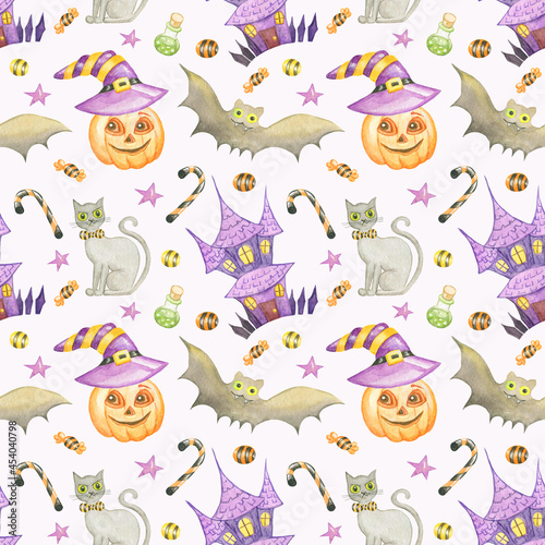 Seamless watercolor halloween pattern isolated on white background.Hand drawn cartoon illustration with happy halloween pumpkin,haunted house,bat,cute gray cat,sweet candy,and stars.For wrapping. © Irina