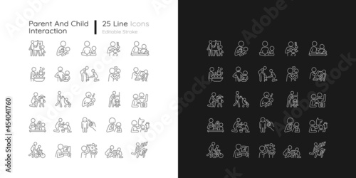 Parent and child interaction linear icons set for dark and light mode. Building emotional closeness. Customizable thin line symbols. Isolated vector outline illustrations. Editable stroke