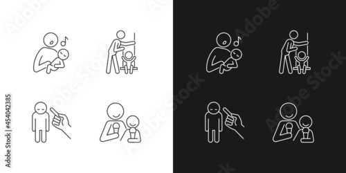 Child care linear icons set for dark and light mode. Singing to baby. Playing on swings. Punishment gesture. Customizable thin line symbols. Isolated vector outline illustrations. Editable stroke